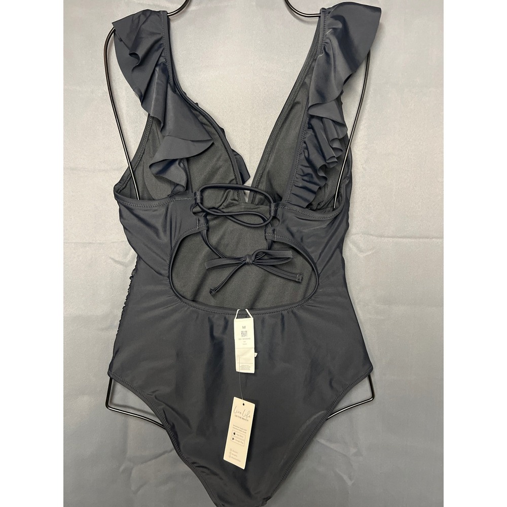 CUPSHE Black Ruffle V-Neck Ruched One Piece Swimsuit Size M NWT - Picture 2 of 3